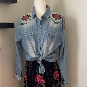 Tasha Polizzi Denim Snap Up Shirt with Rust /Navy Accents size XL